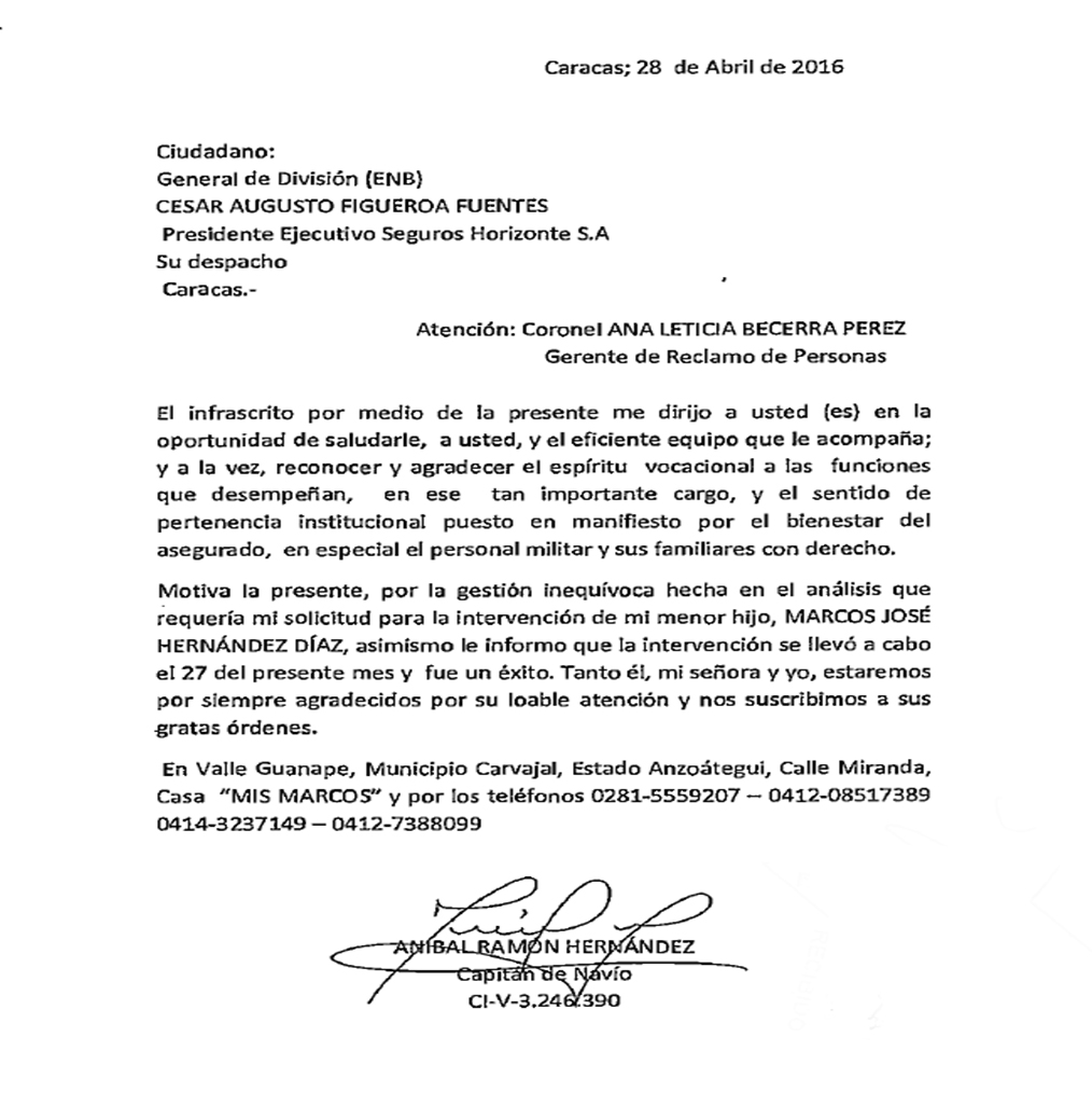 Carta de Agradecimiento  Seguros Horizonte S.A