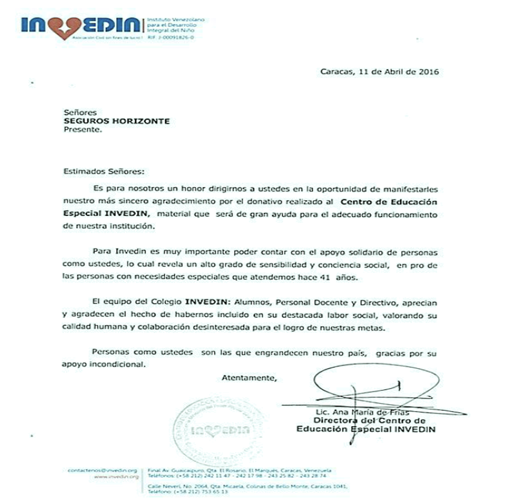 Carta de Agradecimiento  Seguros Horizonte S.A