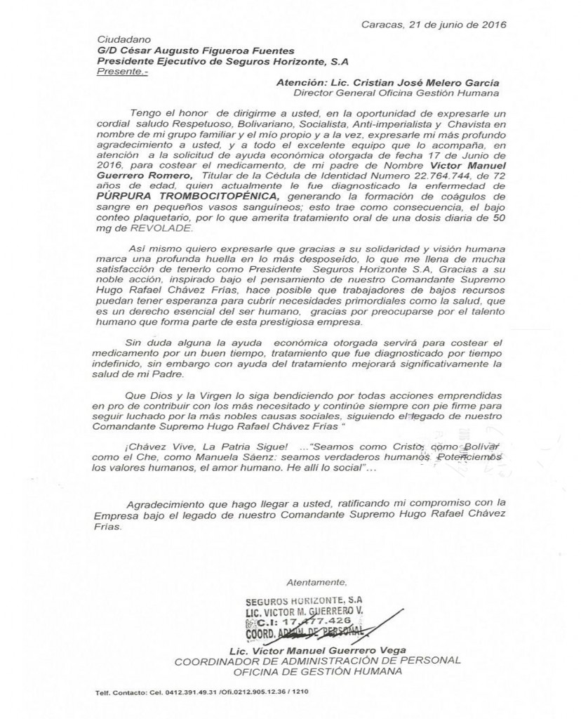 Carta de Agradecimiento  Seguros Horizonte S.A