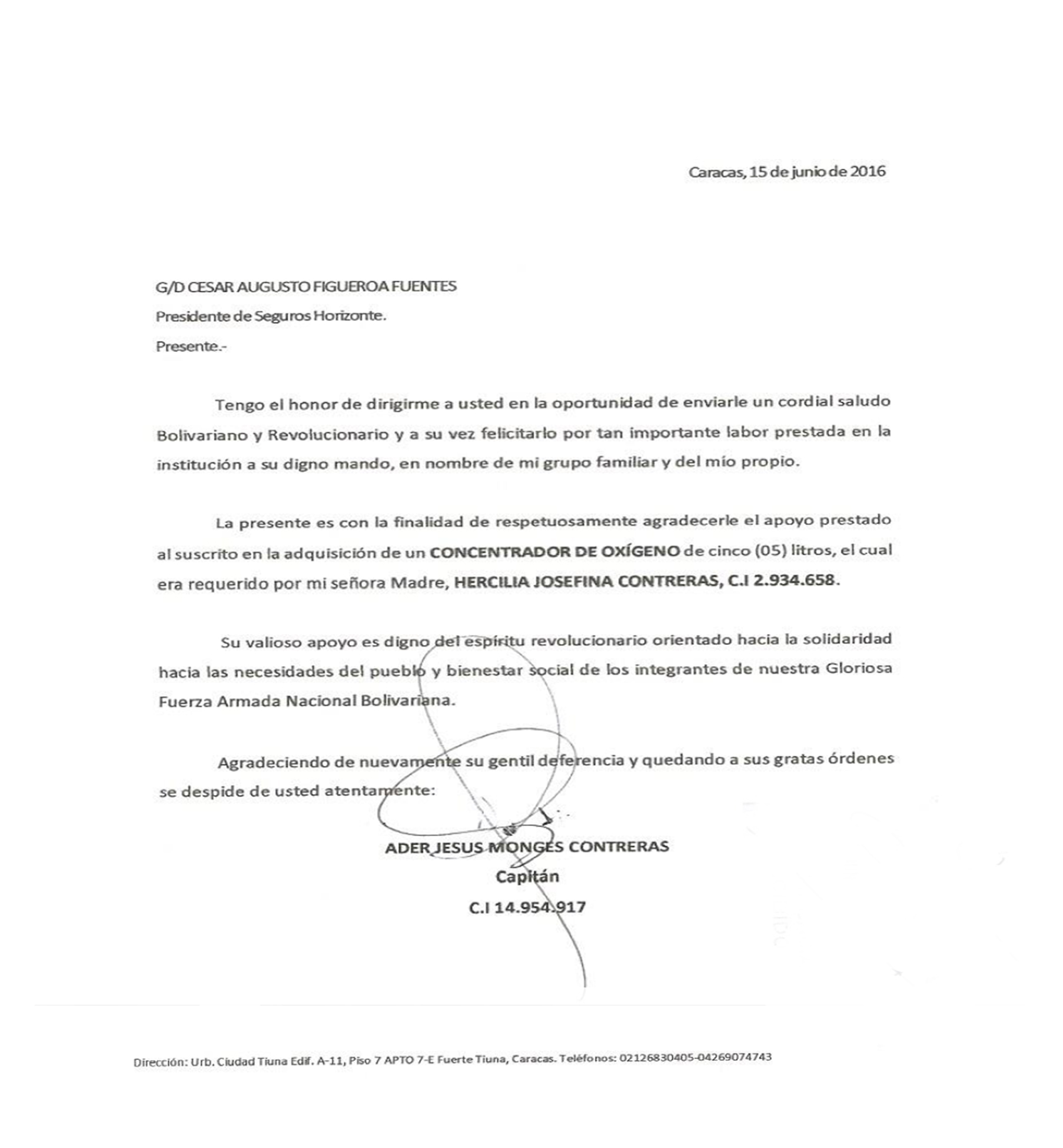 Carta de Agradecimiento  Seguros Horizonte S.A