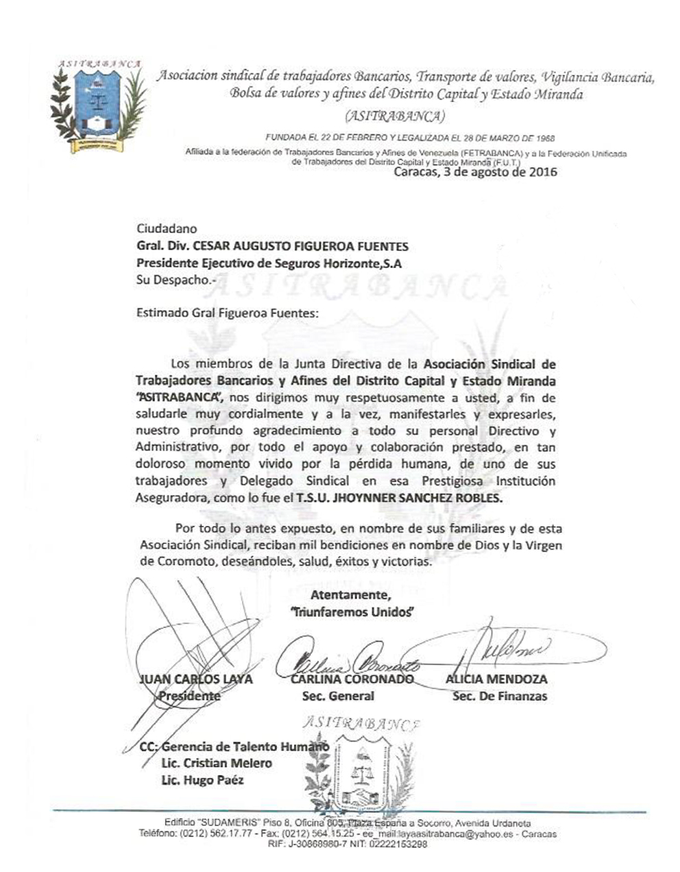 Carta de Agradecimiento  Seguros Horizonte S.A