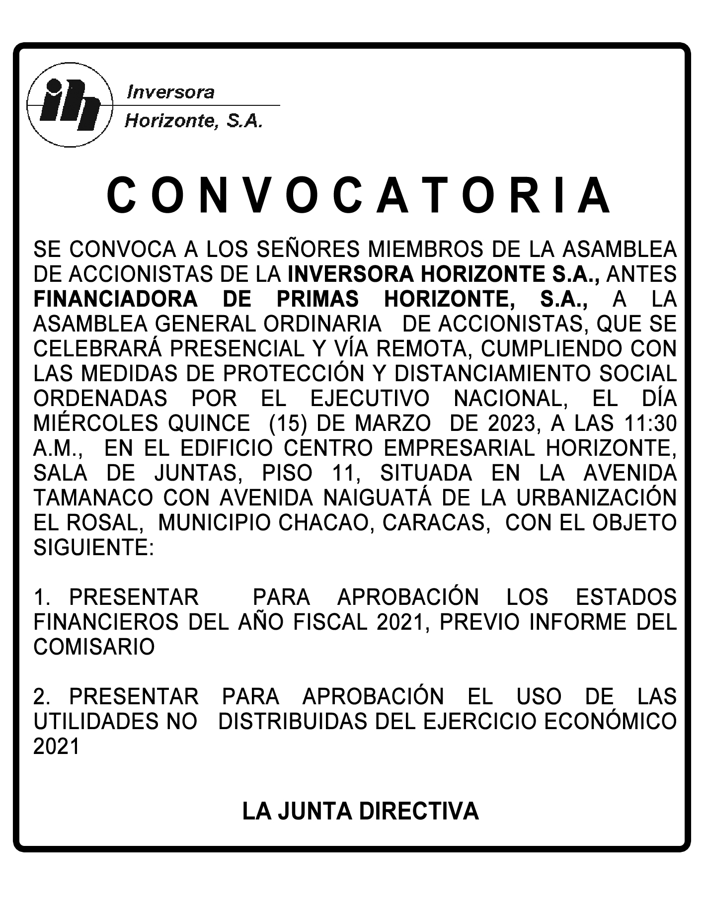 Inversora Horizonte Convocatoria Marzo